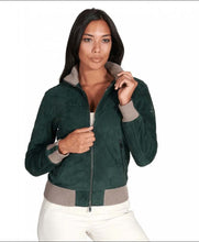 Load image into Gallery viewer, Women's Green Suede Leather Bomber Jacket