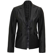 Load image into Gallery viewer, Women's Black Lambskin Leather Blazer with Stylised Notch Lapel in Relaxed Fit Style