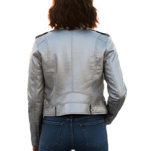 Load image into Gallery viewer, Women's Metallic Silver Genuine Leather Moto Jacket with Punk Rockstar Style