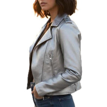 Load image into Gallery viewer, Women's Metallic Silver Genuine Leather Moto Jacket with Punk Rockstar Style