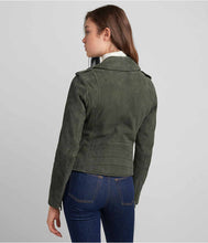 Load image into Gallery viewer, womens olive suede leather biker jacket