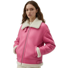 Load image into Gallery viewer, Women's pink faux leather aviator jacket with white faux fur lining front view