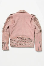Load image into Gallery viewer, Women's Pink Silver Spiked Studded Motorcycle Leather Jacket