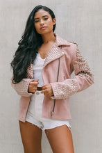 Load image into Gallery viewer, Women's Pink Silver Spiked Studded Motorcycle Leather Jacket