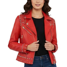 Load image into Gallery viewer, Women's Red Genuine Leather Biker Jacket with Studded Punk Moto Style