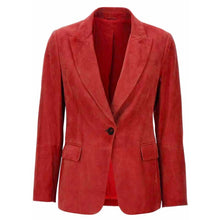 Load image into Gallery viewer, Women's Red Suede Leather Blazer with Notch Lapel in Slim Fit Tailored Style