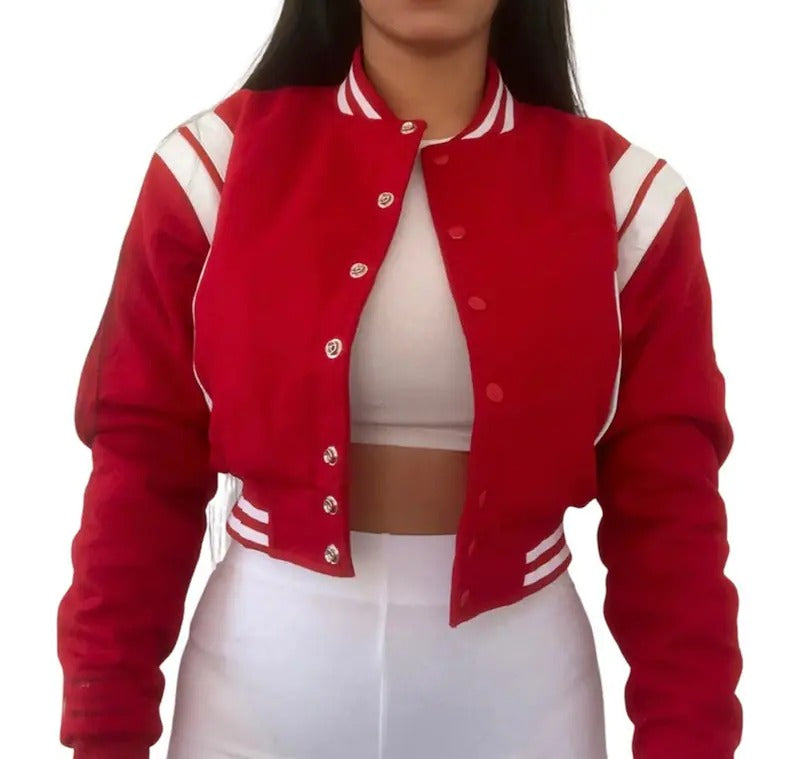 Women's Red Teddy Varsity Bomber Crop Jacket Buy Now