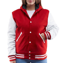 Load image into Gallery viewer, Women’s Red Varsity Leather Jacket With Hood