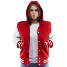 Load image into Gallery viewer, Women’s Red Varsity Leather Jacket With Hood