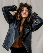 Load image into Gallery viewer, Women’s Silver Spiked Studded Black Motorcycle Leather Jacket