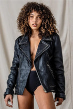 Load image into Gallery viewer, Women’s Silver Spiked Studded Black Motorcycle Leather Jacket