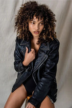 Load image into Gallery viewer, Women’s Silver Spiked Studded Black Motorcycle Leather Jacket