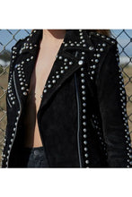 Load image into Gallery viewer, Women's Silver Studded Black Suede Leather Jacket