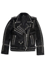 Load image into Gallery viewer, Women's Silver Studded Black Suede Leather Jacket