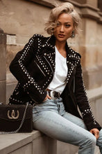 Load image into Gallery viewer, Women's Silver Studded Black Suede Leather Jacket
