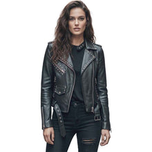 Load image into Gallery viewer, Women's Black Lambskin Leather Moto Jacket with Studded Angel Wings Punk Style