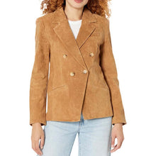 Load image into Gallery viewer, Women's Suede Leather Blazer with Double Breasted Front and Wide Lapel in A Line Style