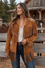 Load image into Gallery viewer, Women's Tan Brown Suede Leather Jacket with Fringe and Beadwork in Handmade Western Native Style