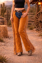 Load image into Gallery viewer, Women's Tan Suede Leather Chaps with Fringe in Western Cowgirl Style