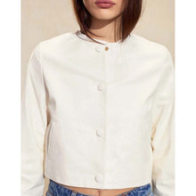 Load image into Gallery viewer, Women's White Pure Lambskin Leather Biker Jacket with Moto Style and Zipped Pockets