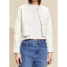 Load image into Gallery viewer, Women's White Pure Lambskin Leather Biker Jacket with Moto Style and Zipped Pockets