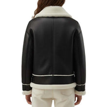 Load image into Gallery viewer, Back view of women's black sheepskin winter aviator coat