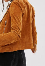 Load image into Gallery viewer, Women’s Tan Brown Suede Leather Biker Jacket