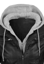 Load image into Gallery viewer, Women's Black Leather Removable Gray Hooded Bomber Jacket