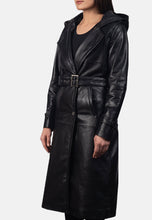 Load image into Gallery viewer, Women's Black Leather Hooded Trench Coat