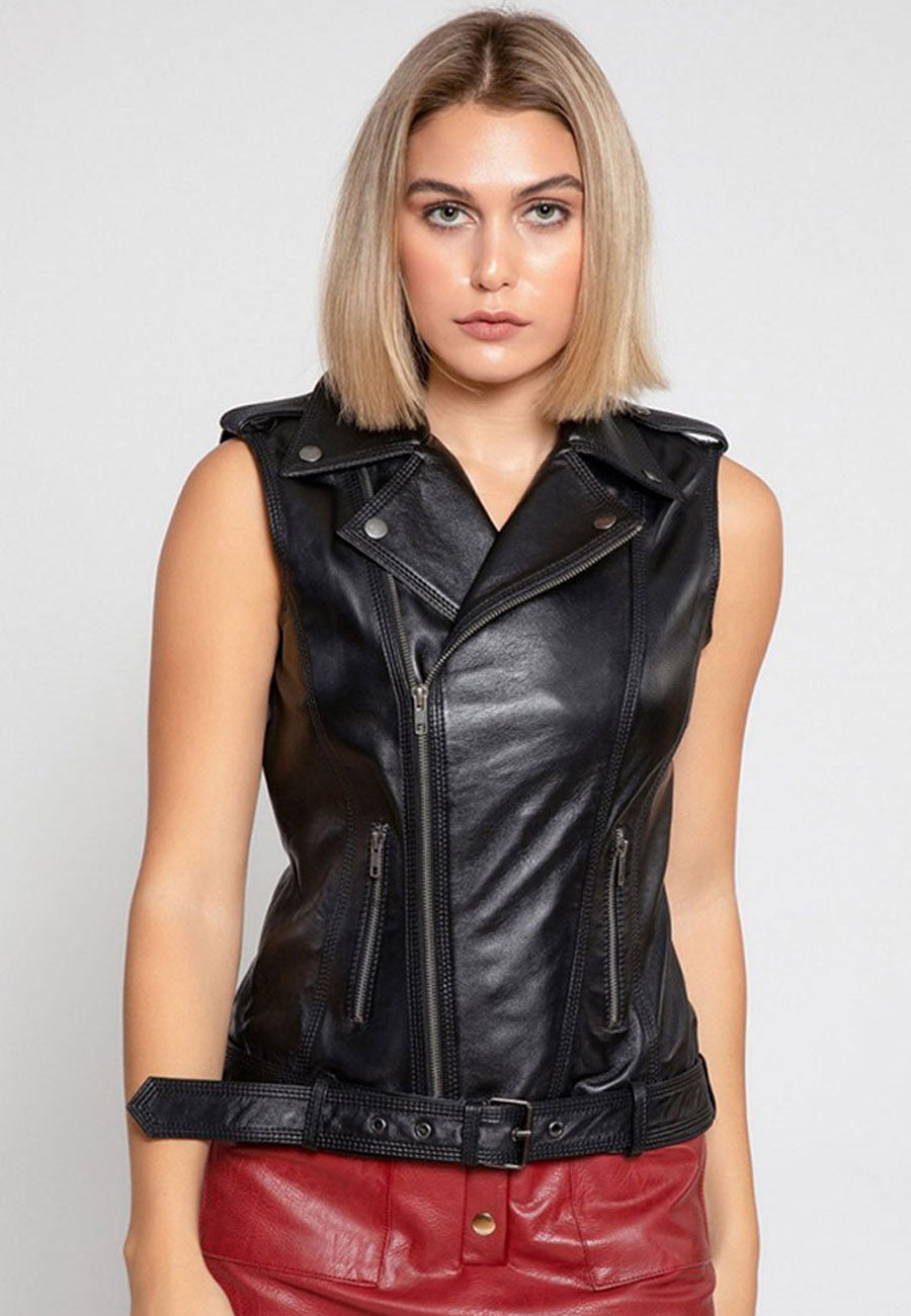 Women’s Black Leather Biker Vest1