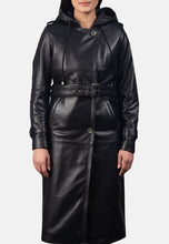 Load image into Gallery viewer, Women's Black Leather Hooded Trench Coat