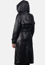 Load image into Gallery viewer, Women's Black Leather Hooded Trench Coat