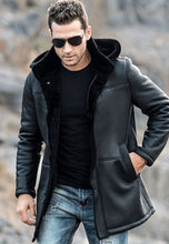 Load image into Gallery viewer, Men’s Black Shearling Hooded Long Coat