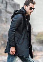 Load image into Gallery viewer, Men’s Black Shearling Hooded Long Coat