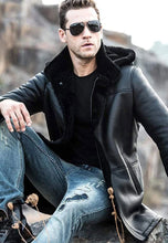 Load image into Gallery viewer, Men’s Black Shearling Hooded Long Coat