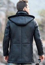 Load image into Gallery viewer, Men’s Black Shearling Hooded Long Coat