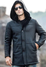 Load image into Gallery viewer, Men’s Black Shearling Hooded Long Coat