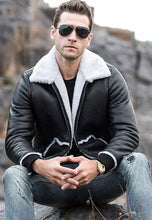 Load image into Gallery viewer, black leather shearling jacket