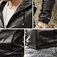 Load image into Gallery viewer, Men's Black Leather Jacket With Hood