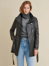 Load image into Gallery viewer, Women's Long Black Leather Coat