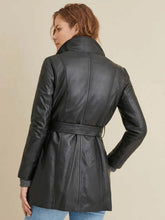 Load image into Gallery viewer, Women's Long Black Leather Coat