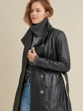 Load image into Gallery viewer, Women's Long Black Leather Coat