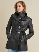 Load image into Gallery viewer, Women's Long Black Leather Coat