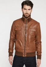 Load image into Gallery viewer, Men's Brown Leather Bomber Jacket