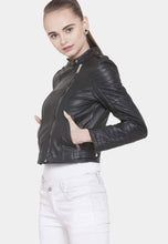 Load image into Gallery viewer, Women's Black Leather Biker Jacket Slim Fit