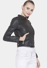 Load image into Gallery viewer, Women's Black Leather Biker Jacket Slim Fit