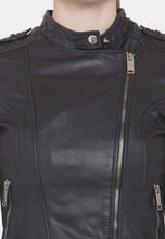 Load image into Gallery viewer, Women's Black Leather Biker Jacket Slim Fit