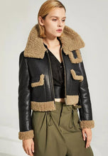 Load image into Gallery viewer, Black Leather Shearling Jacket with Brown Collar for Women
