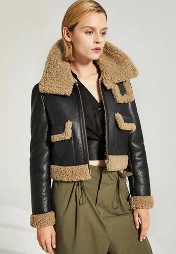 Black Leather Shearling Jacket with Brown Collar for Women