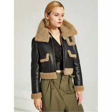 Load image into Gallery viewer, Women’s Black Leather Brown Shearling Big Collared Jacket